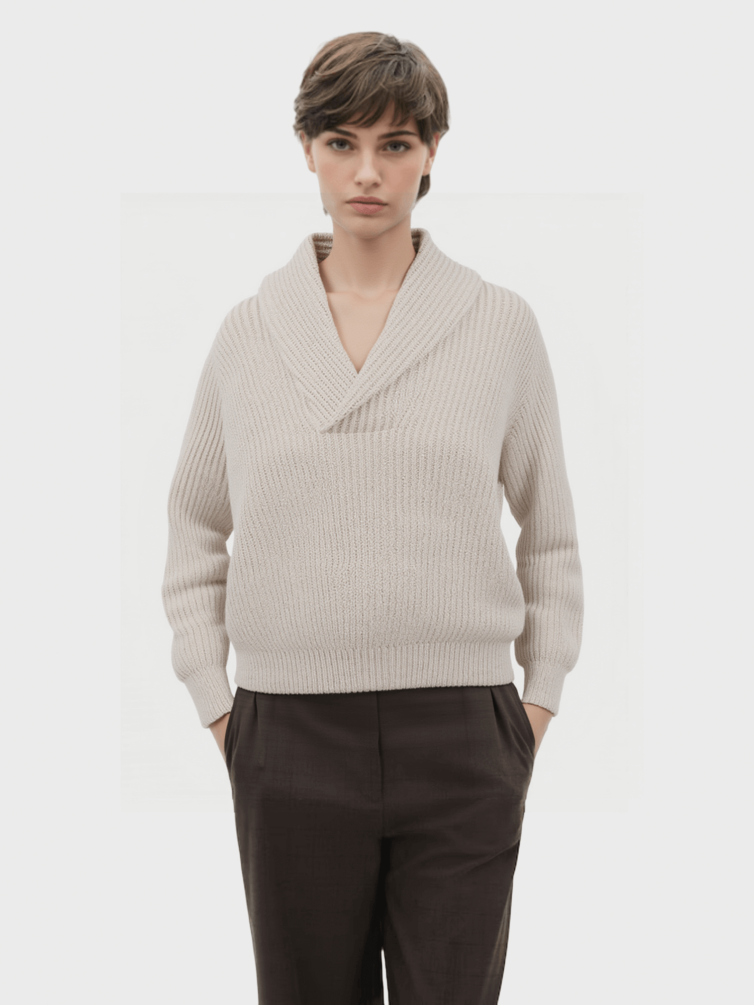Beige Shawl Collar Knit Sweater