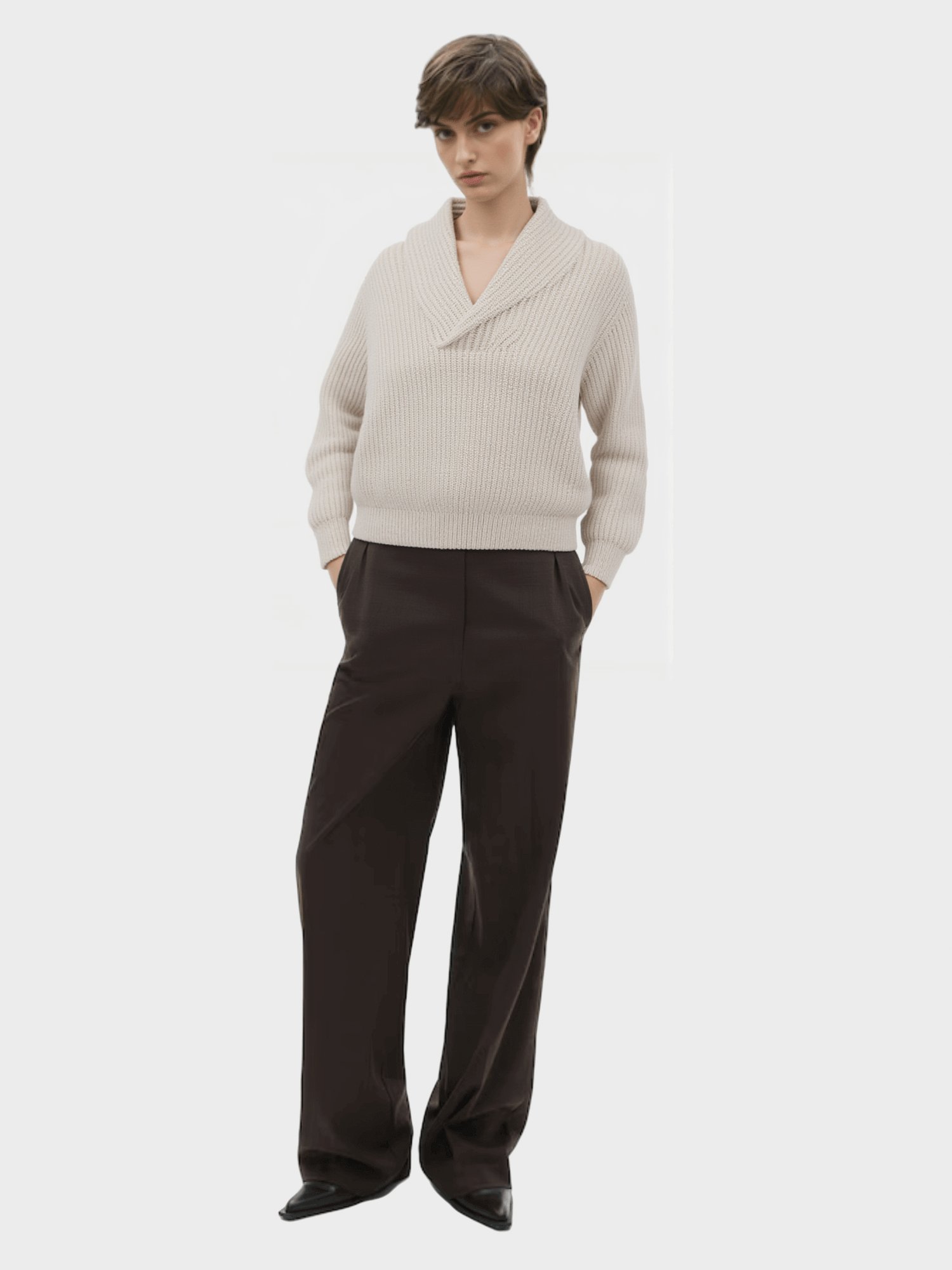 Beige Shawl Collar Knit Sweater