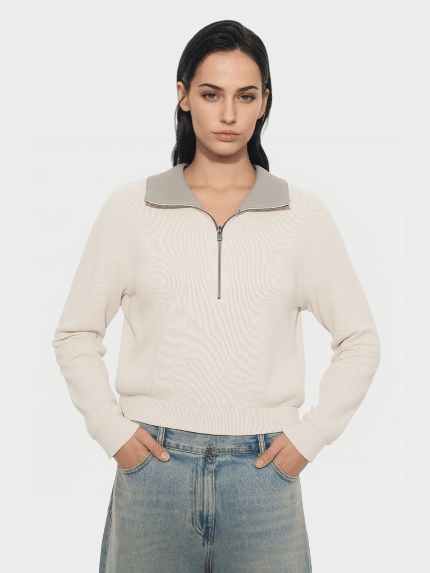 Beige Half - Zip Knit Sweater with Grey Collar