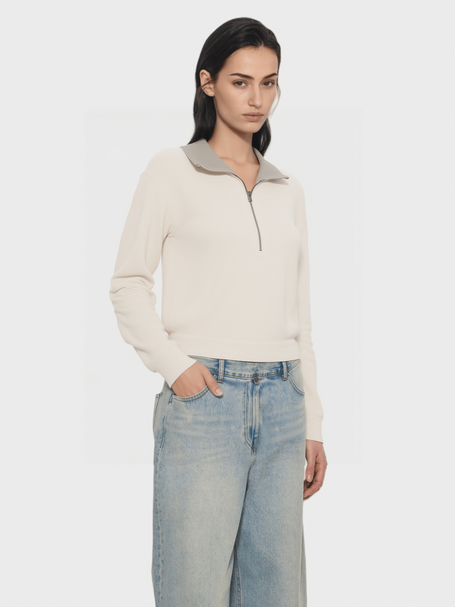 Beige Half - Zip Knit Sweater with Grey Collar