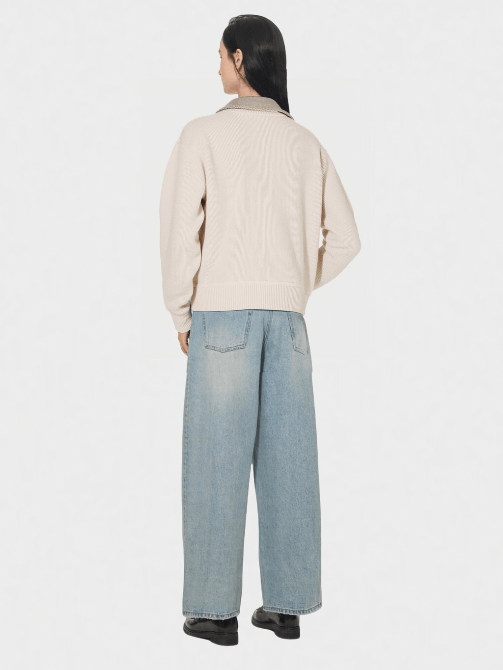 Beige Half - Zip Knit Sweater with Grey Collar