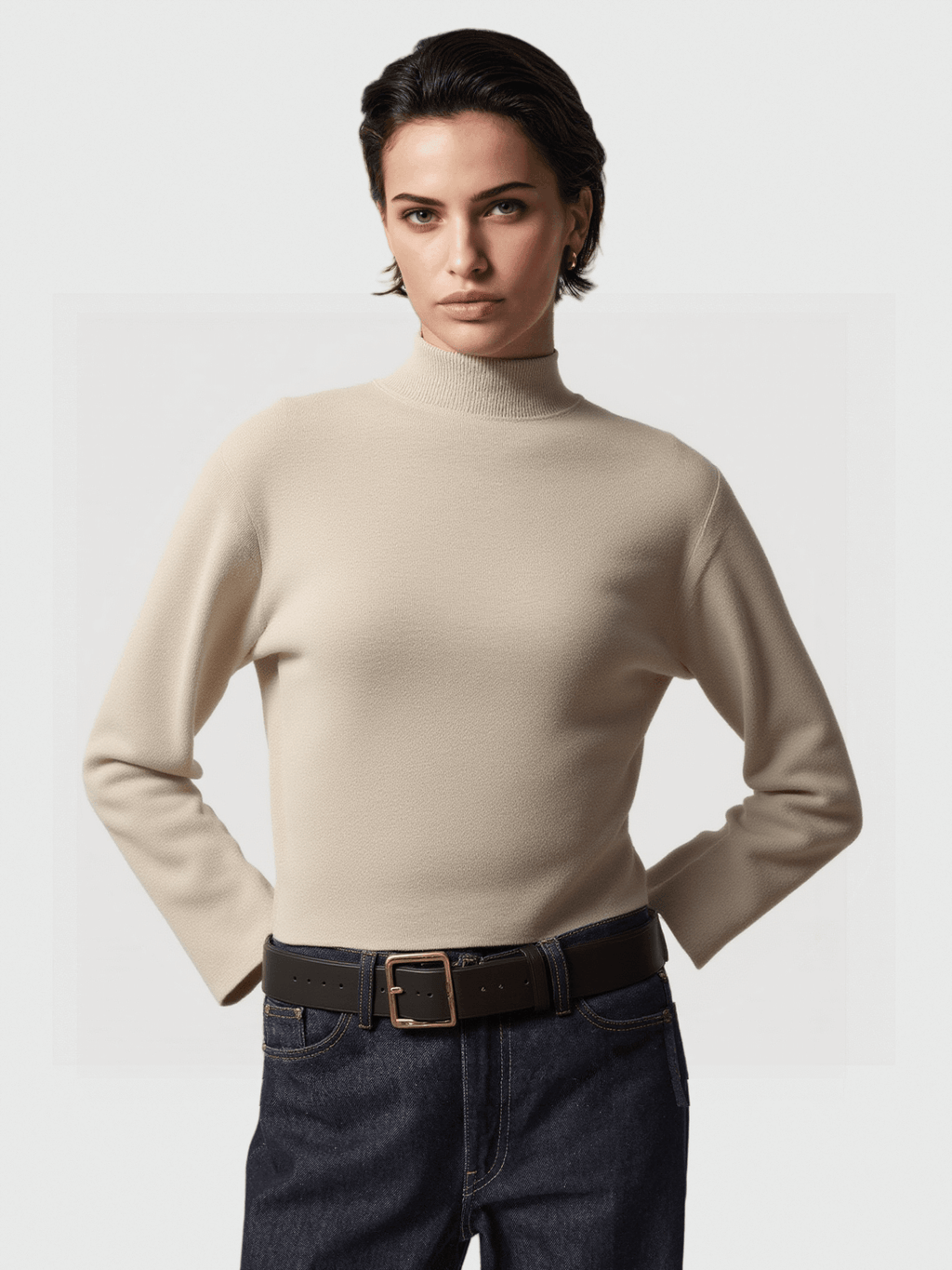 Beige Turtleneck Knit Sweater