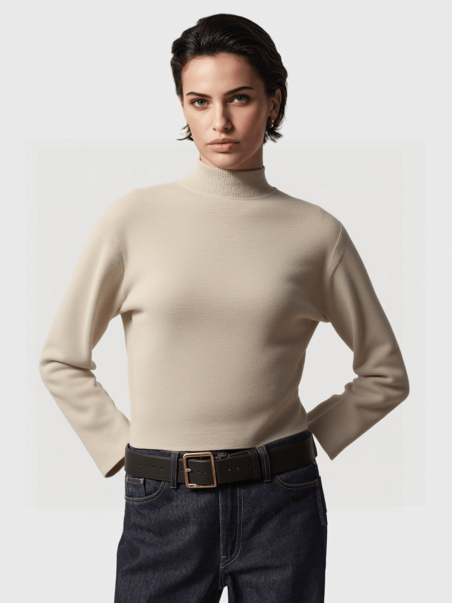 Beige Turtleneck Knit Sweater