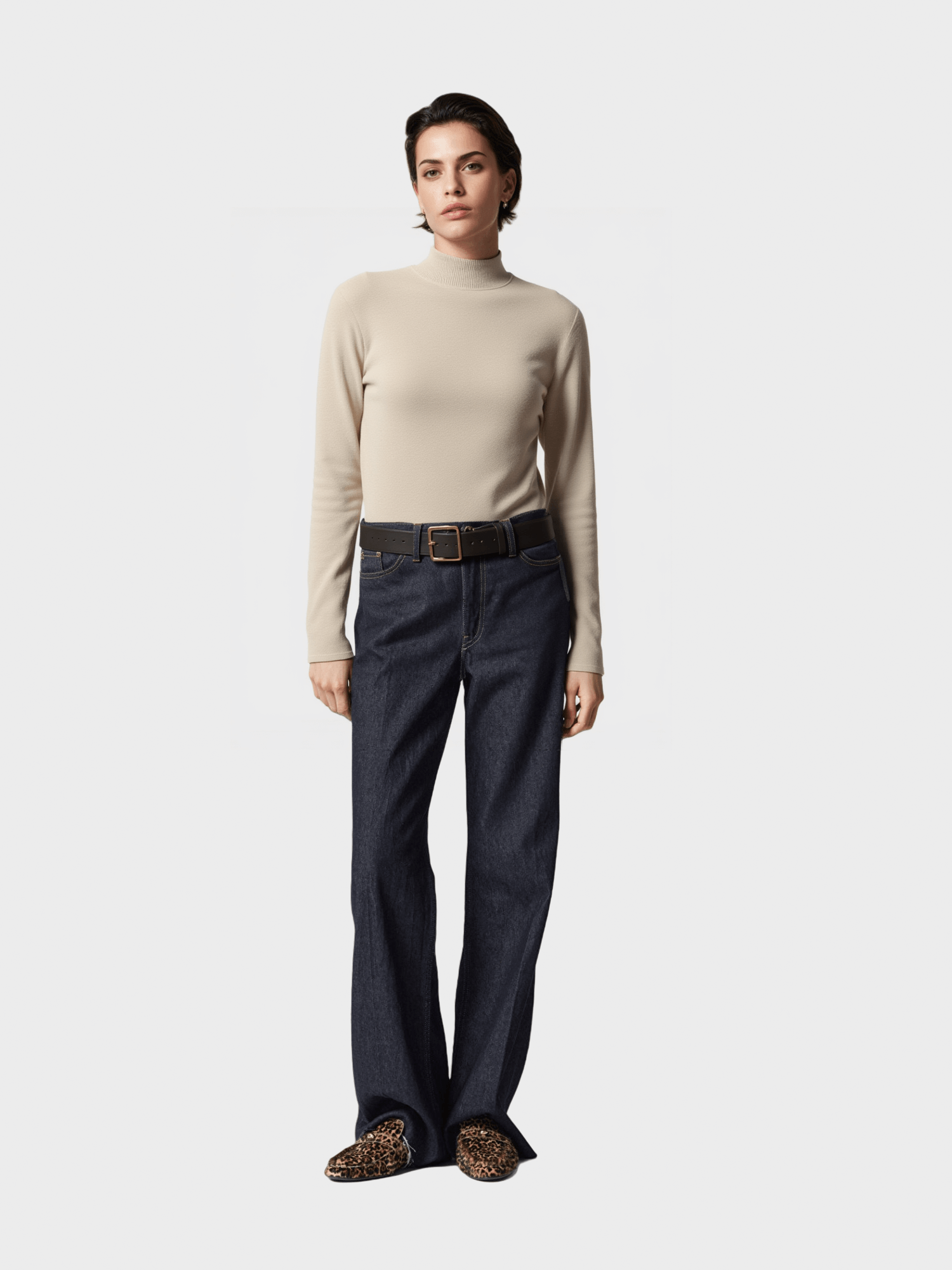Beige Turtleneck Knit Sweater
