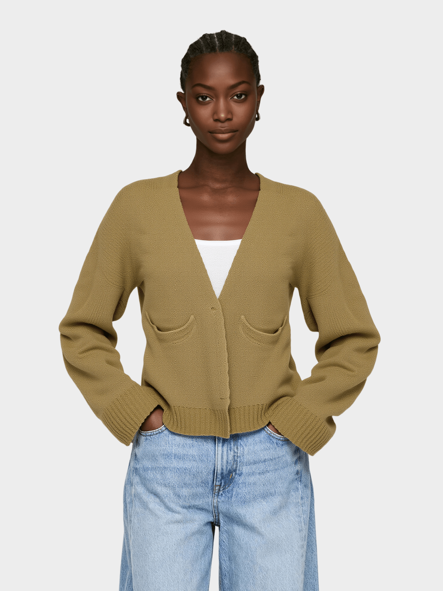 Khaki V - Neck Cardigan with Pockets