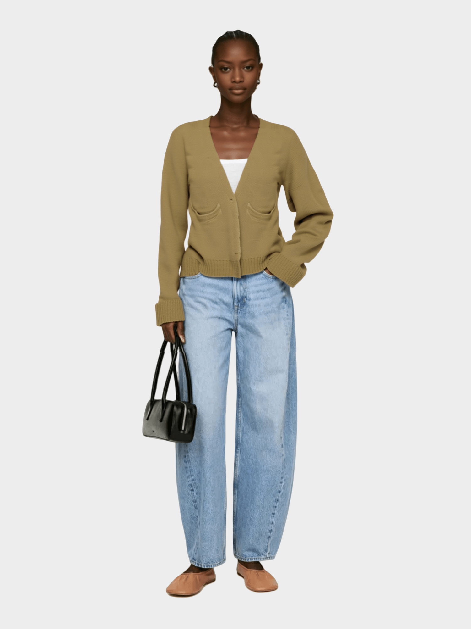 Khaki V - Neck Cardigan with Pockets