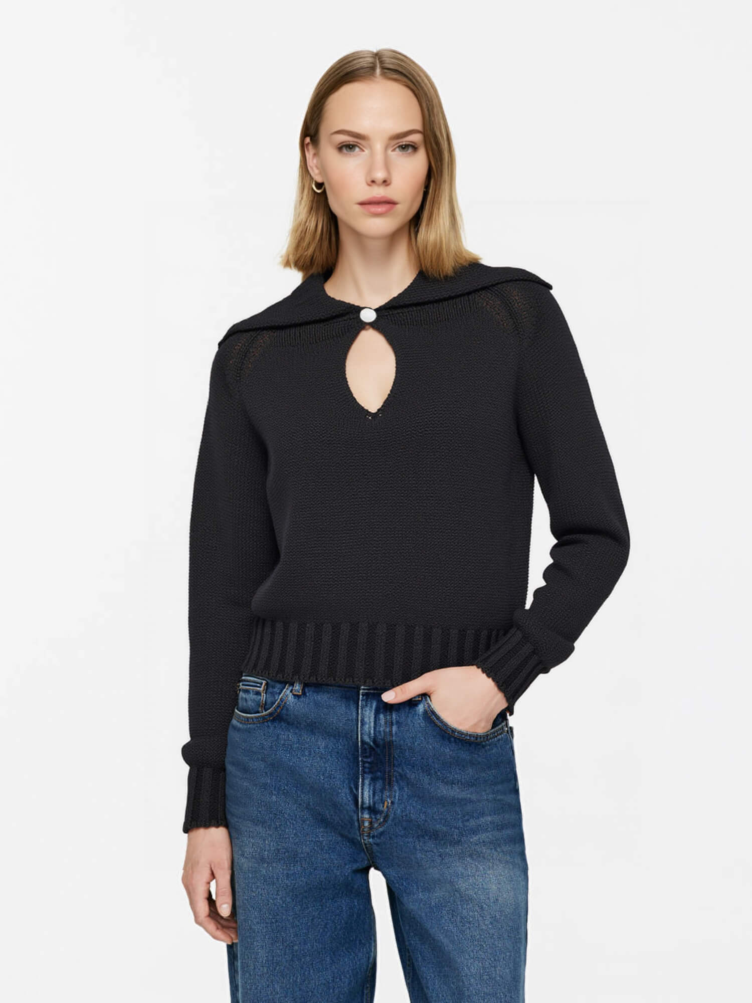 Black Cutout Collared Knit Top