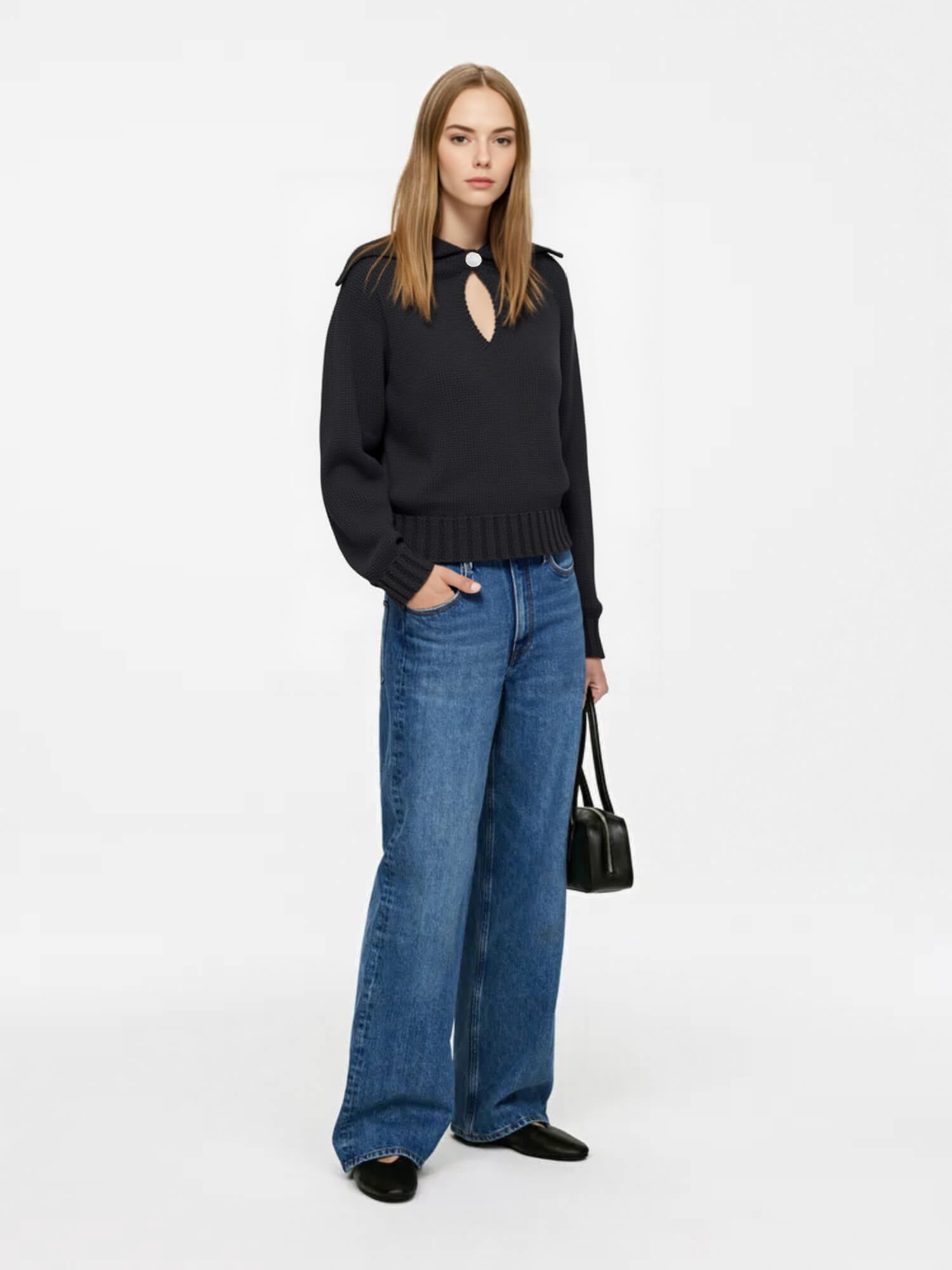 Black Cutout Collared Knit Top