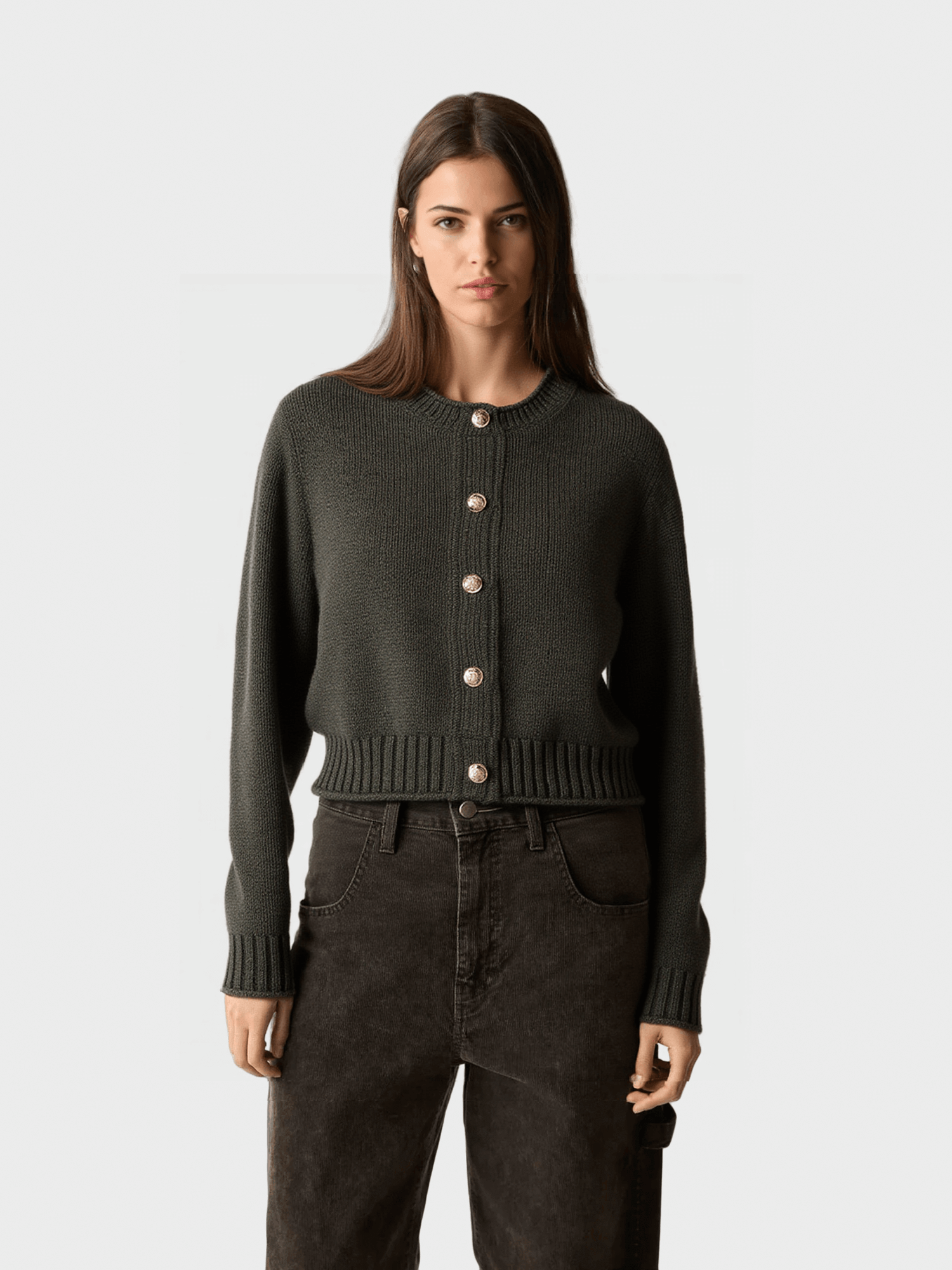 Dark Olive Green Cropped Knit Cardigan