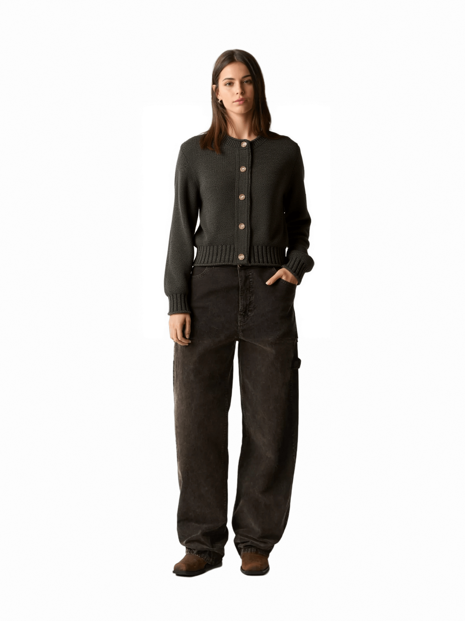 Dark Olive Green Cropped Knit Cardigan