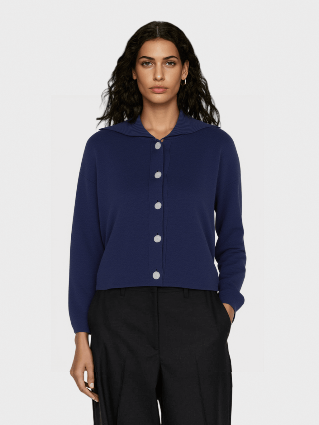 Navy Blue Collared Knit Cardigan