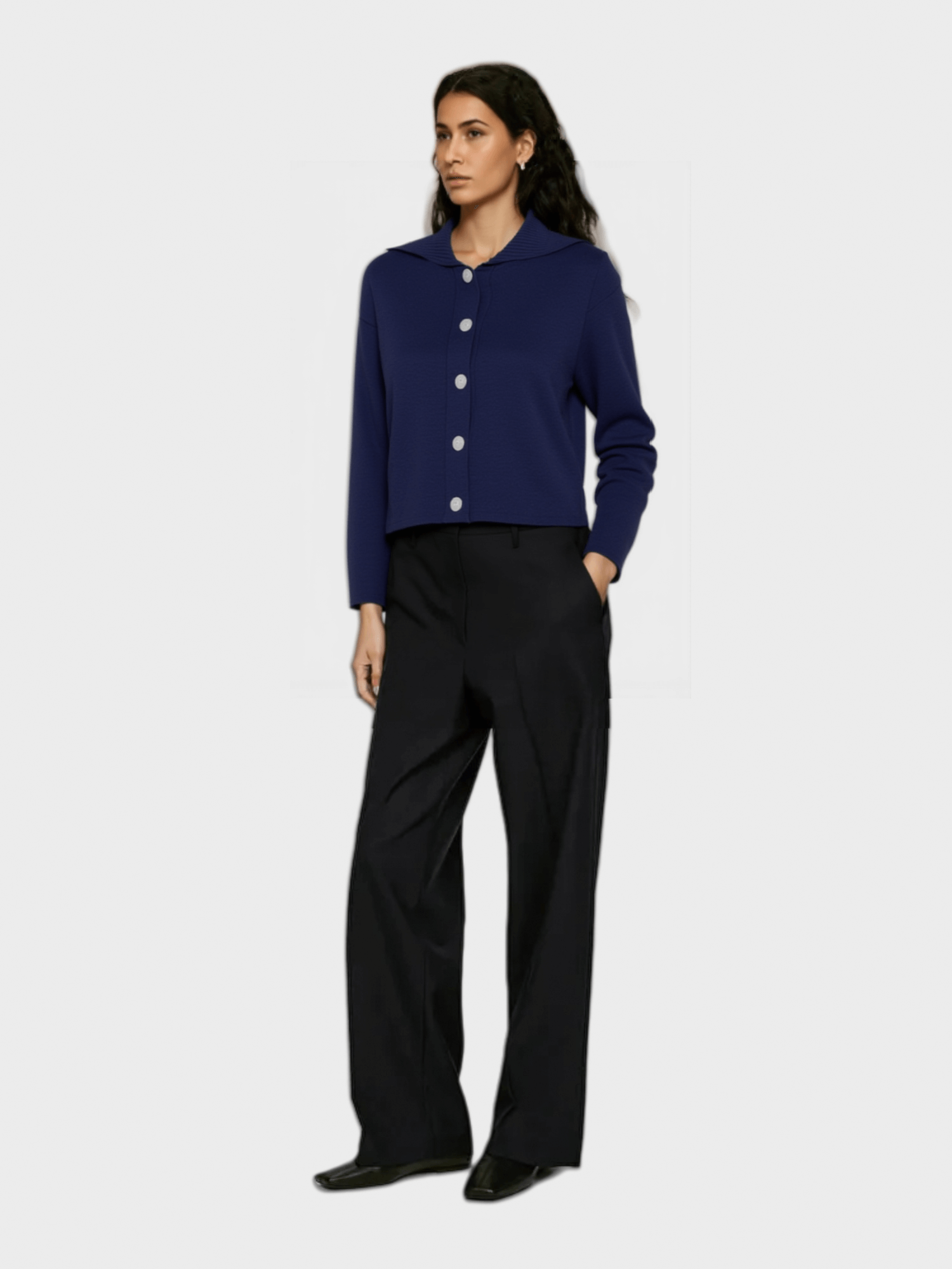 Navy Blue Collared Knit Cardigan