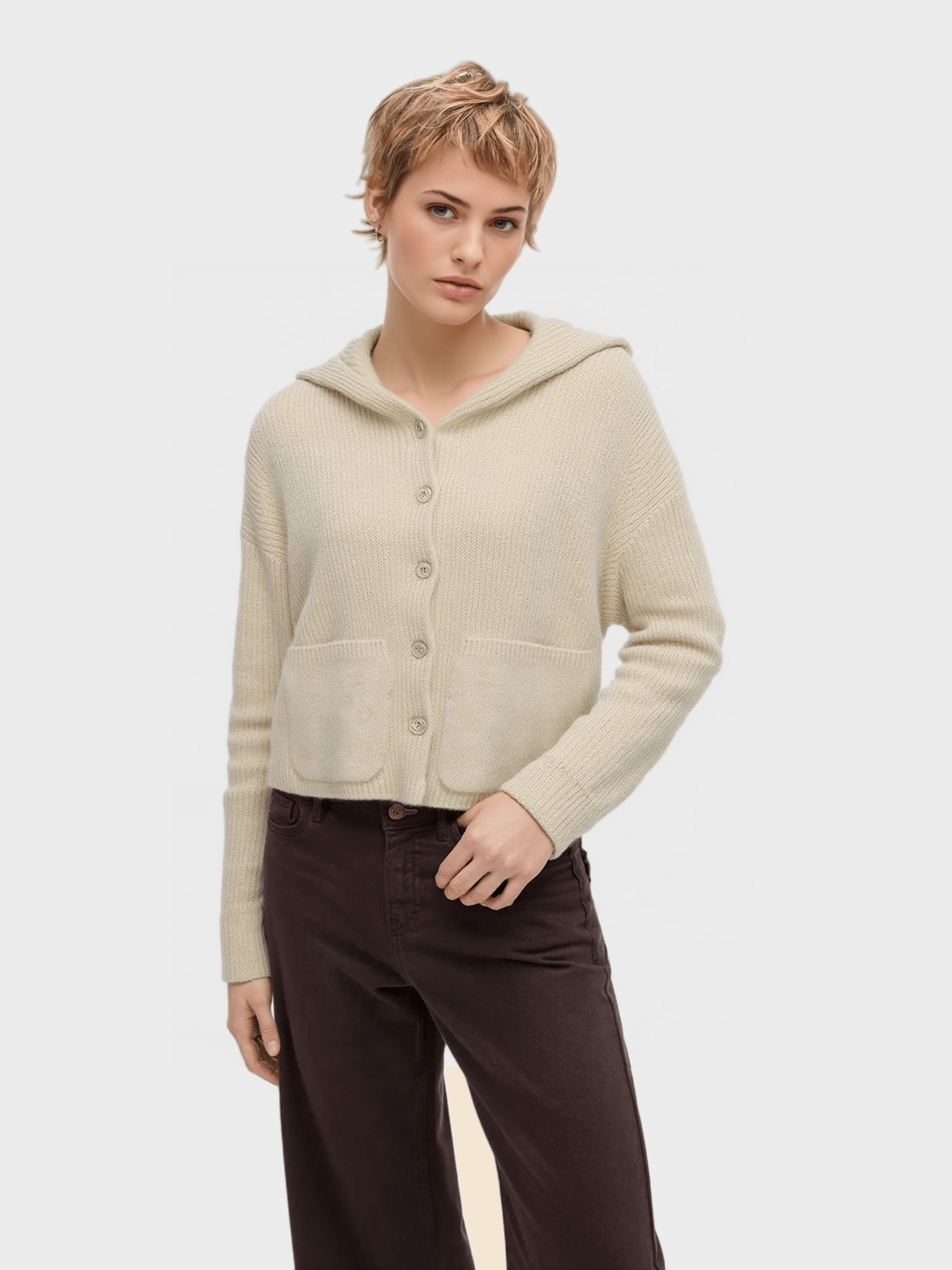 Beige Hooded Knit Cardigan