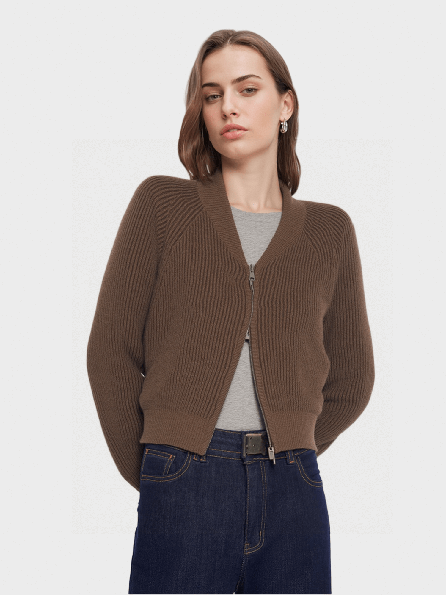 Brown Ribbed Zip - Up Cardigan
