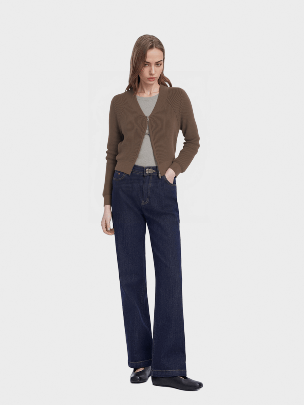 Brown Ribbed Zip - Up Cardigan