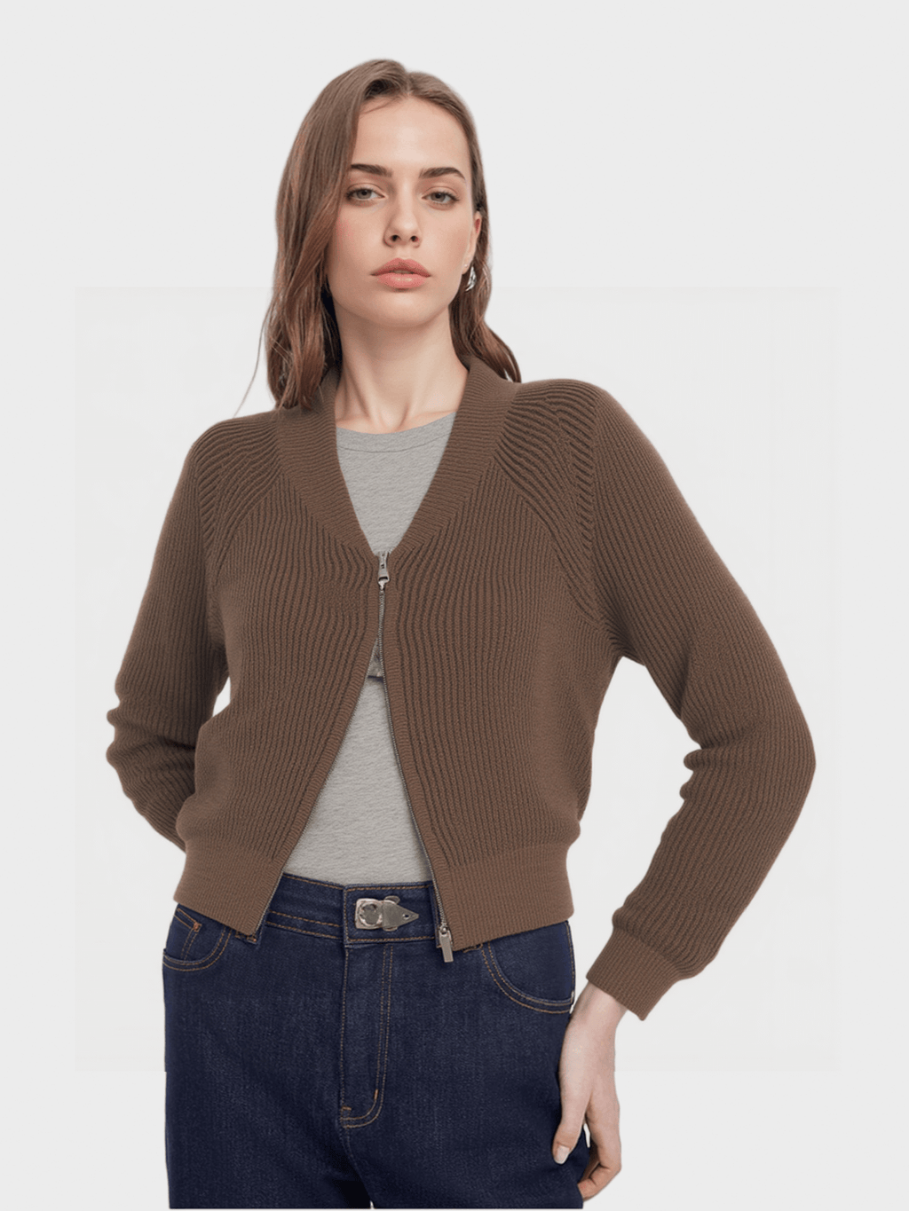 Brown Ribbed Zip - Up Cardigan