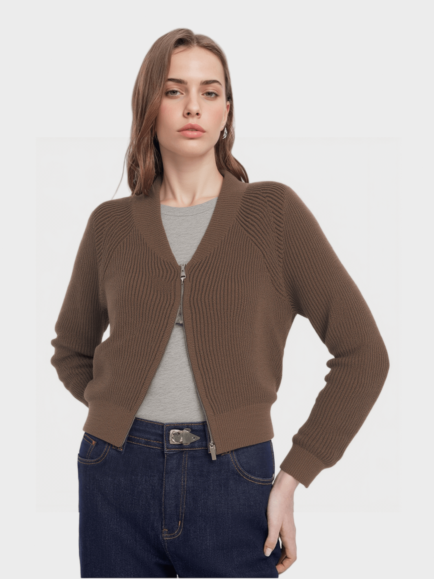 Brown Ribbed Zip - Up Cardigan