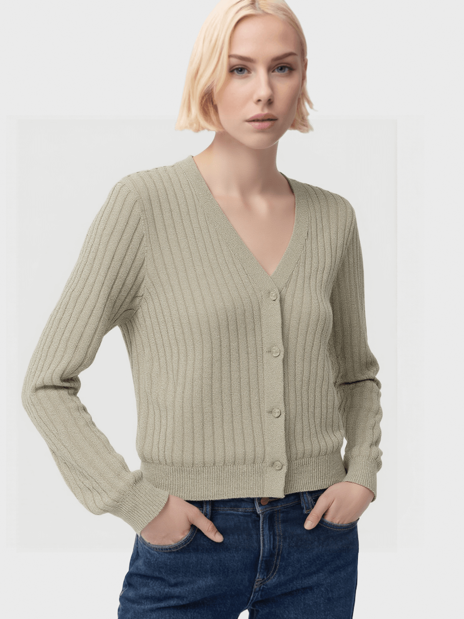 Light Green Ribbed V - Neck Cardigan