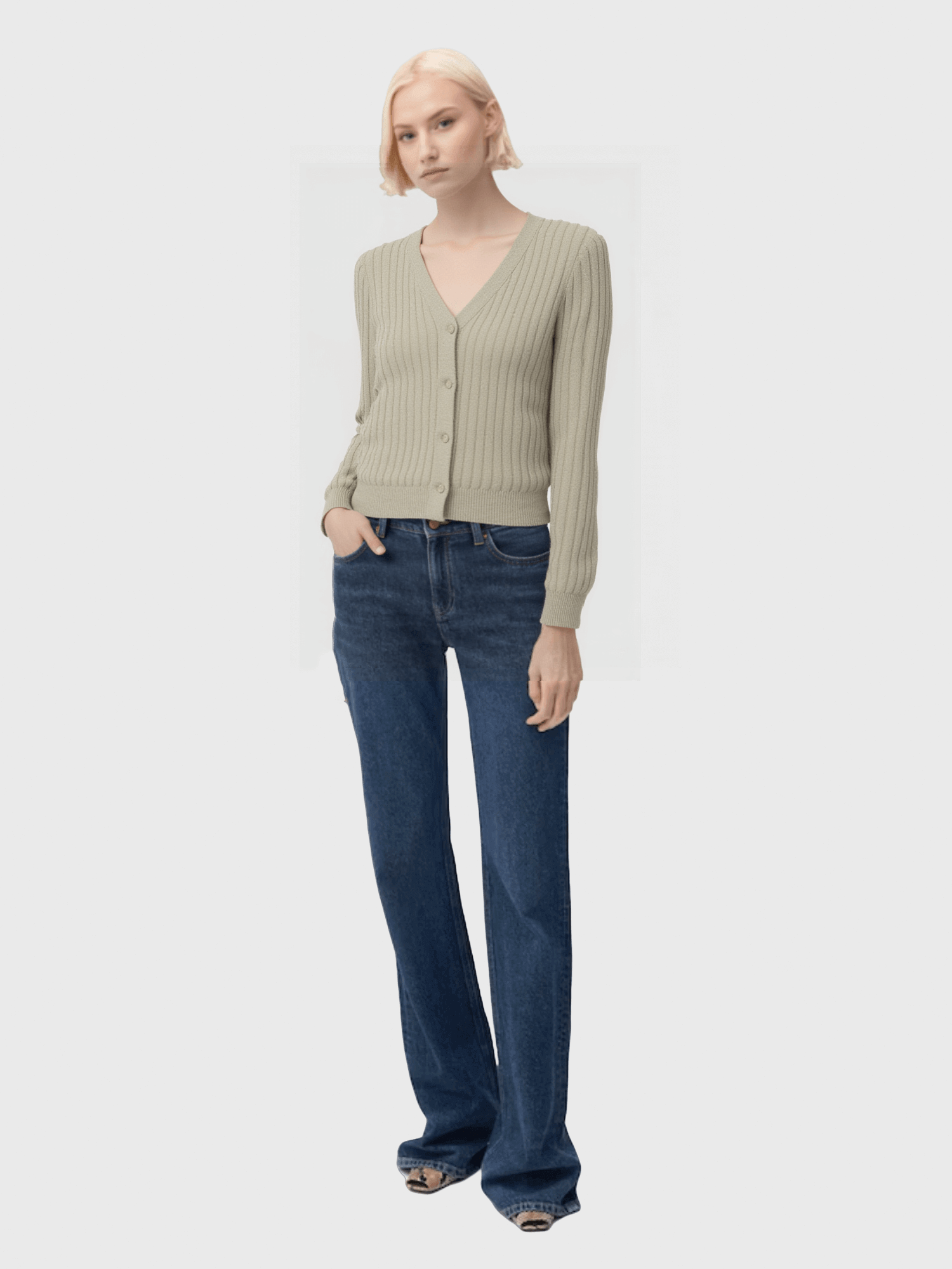 Light Green Ribbed V - Neck Cardigan