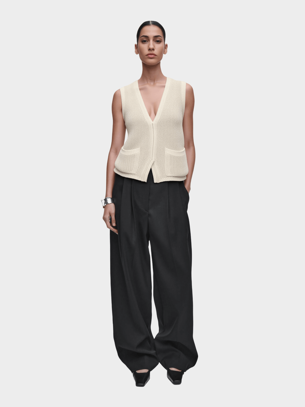 Cream Knit Vest with Pockets