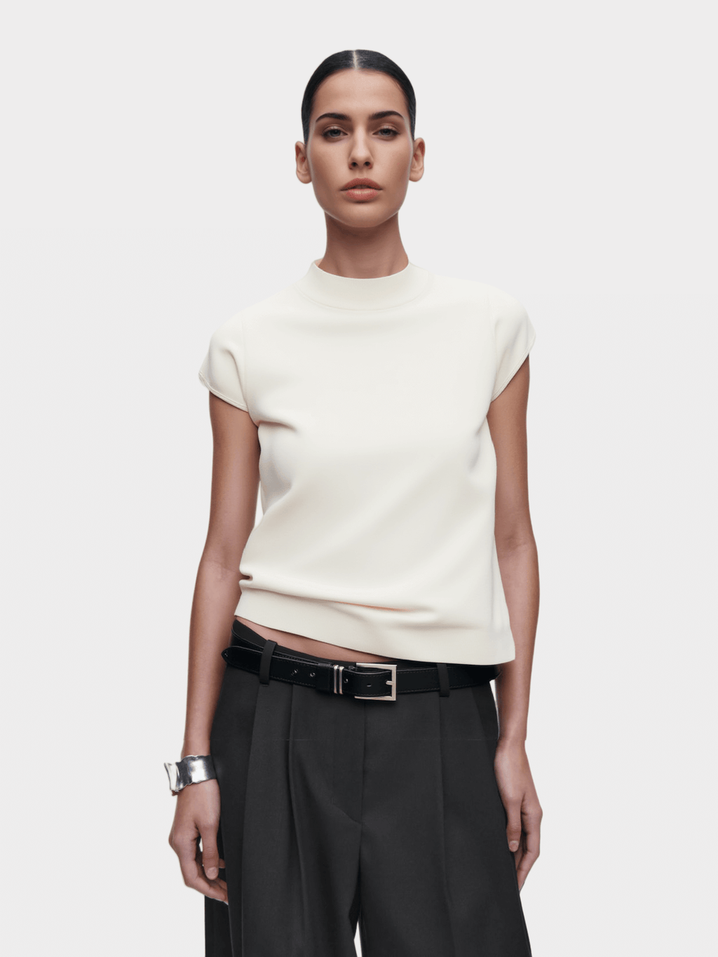 White Mock Neck Cap - Sleeve Top