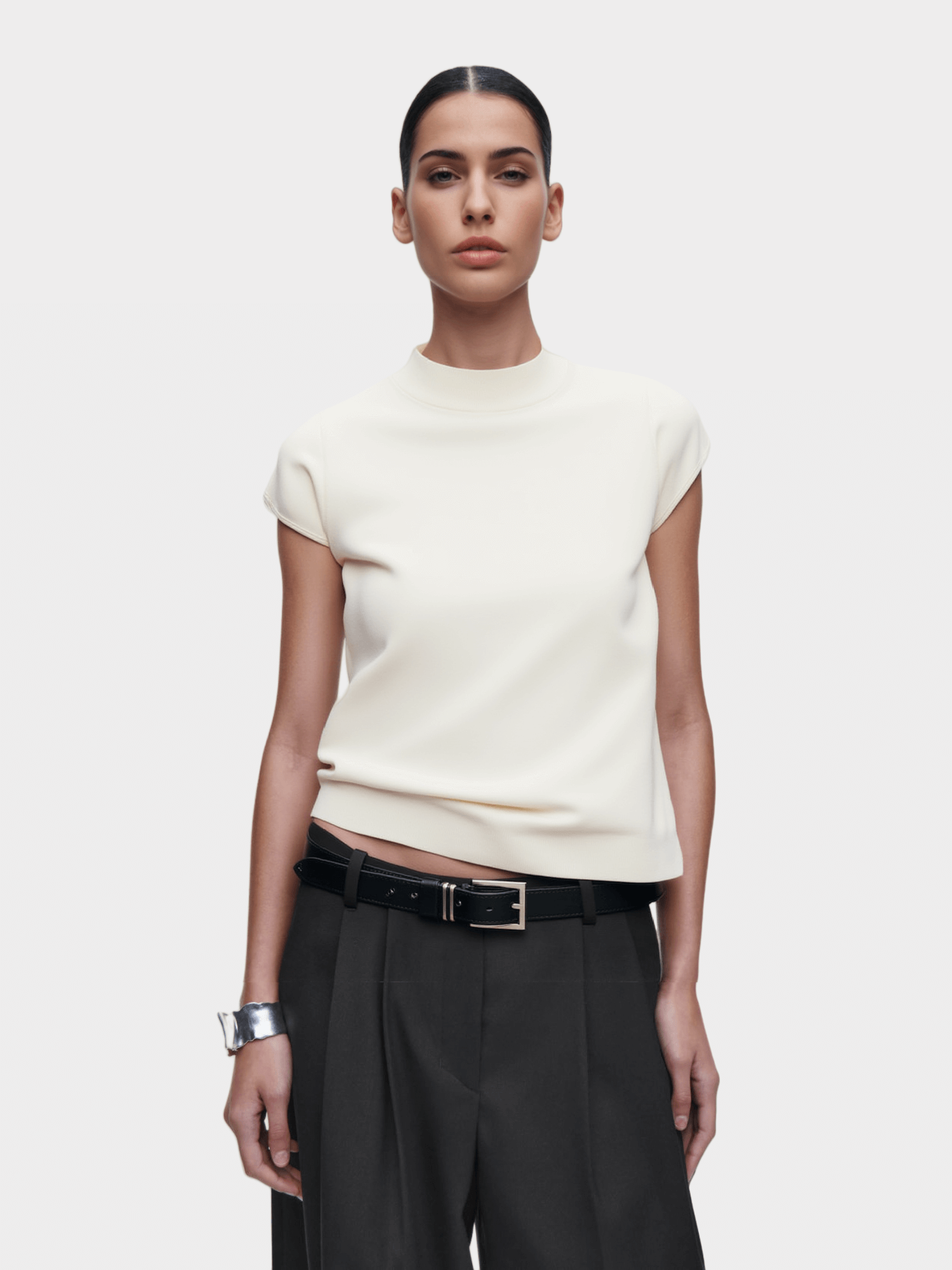 White Mock Neck Cap - Sleeve Top