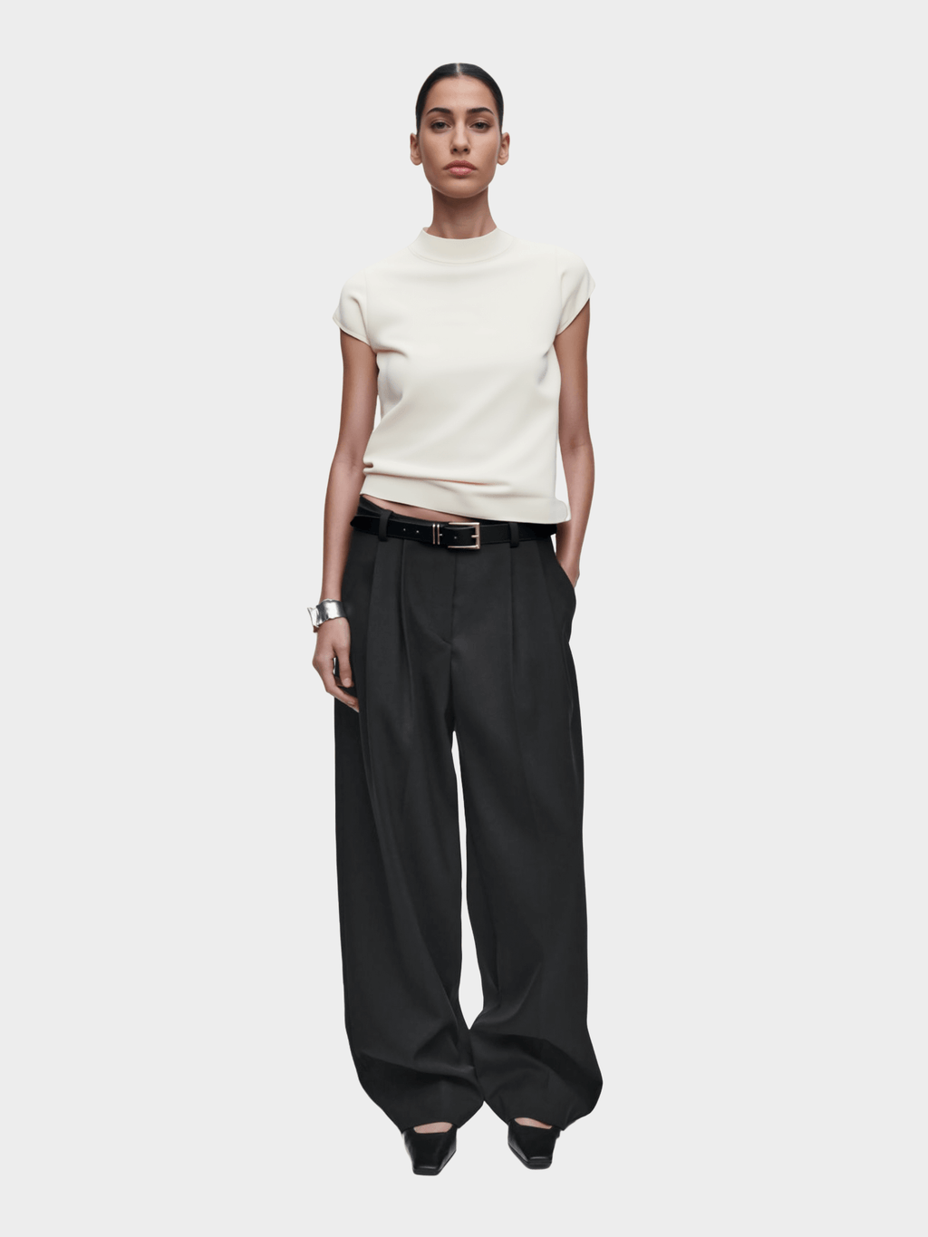 White Mock Neck Cap - Sleeve Top