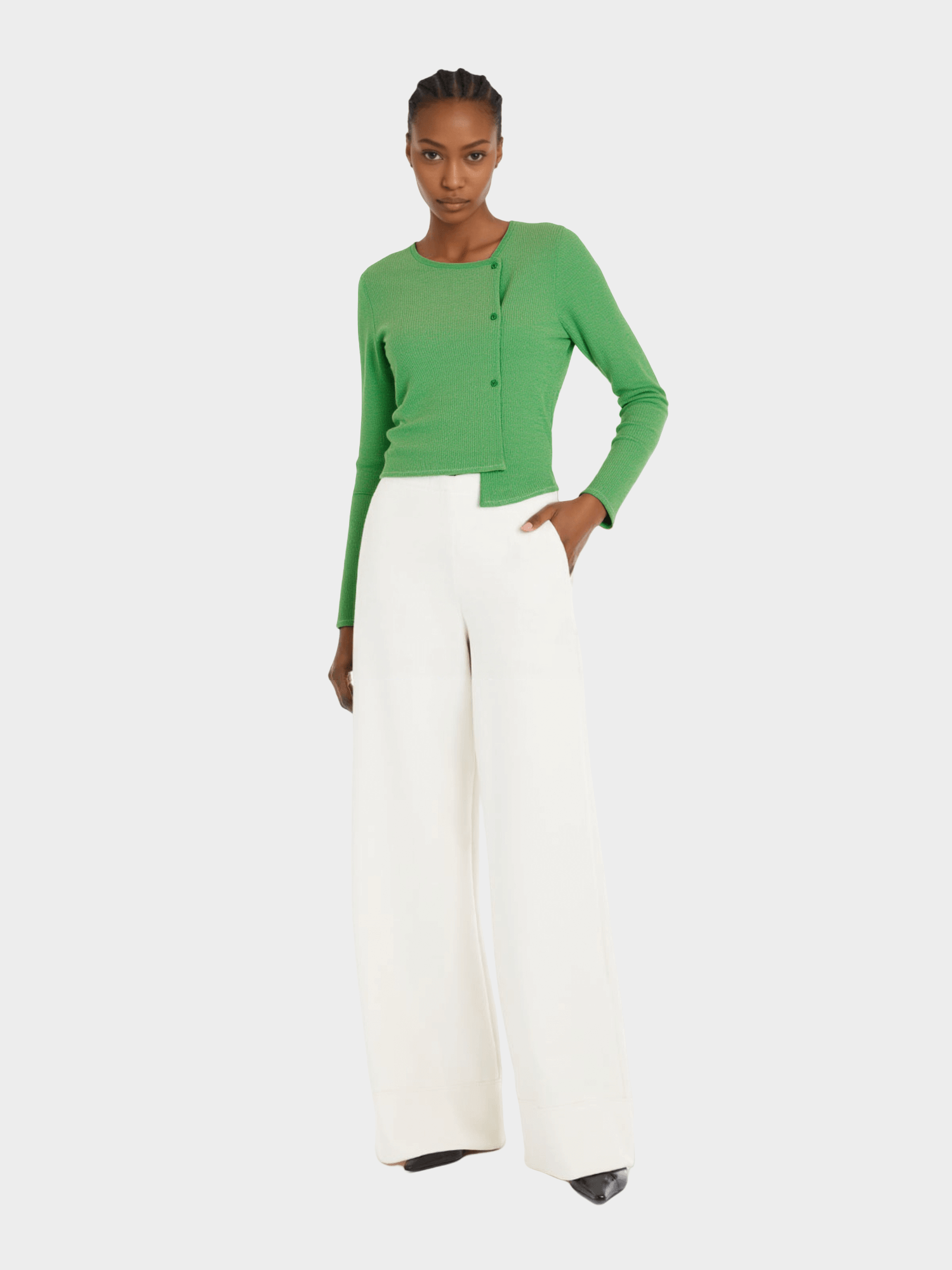 Green Asymmetric Button - Up Knit Top