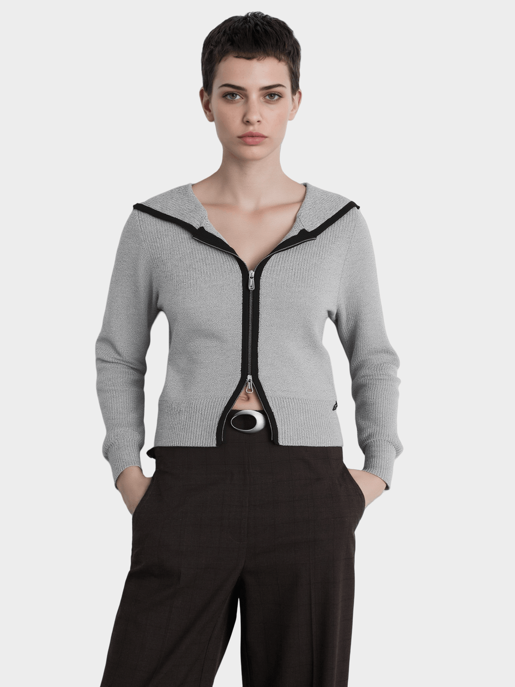 Grey Contrast - Trim Zip - Up Cardigan