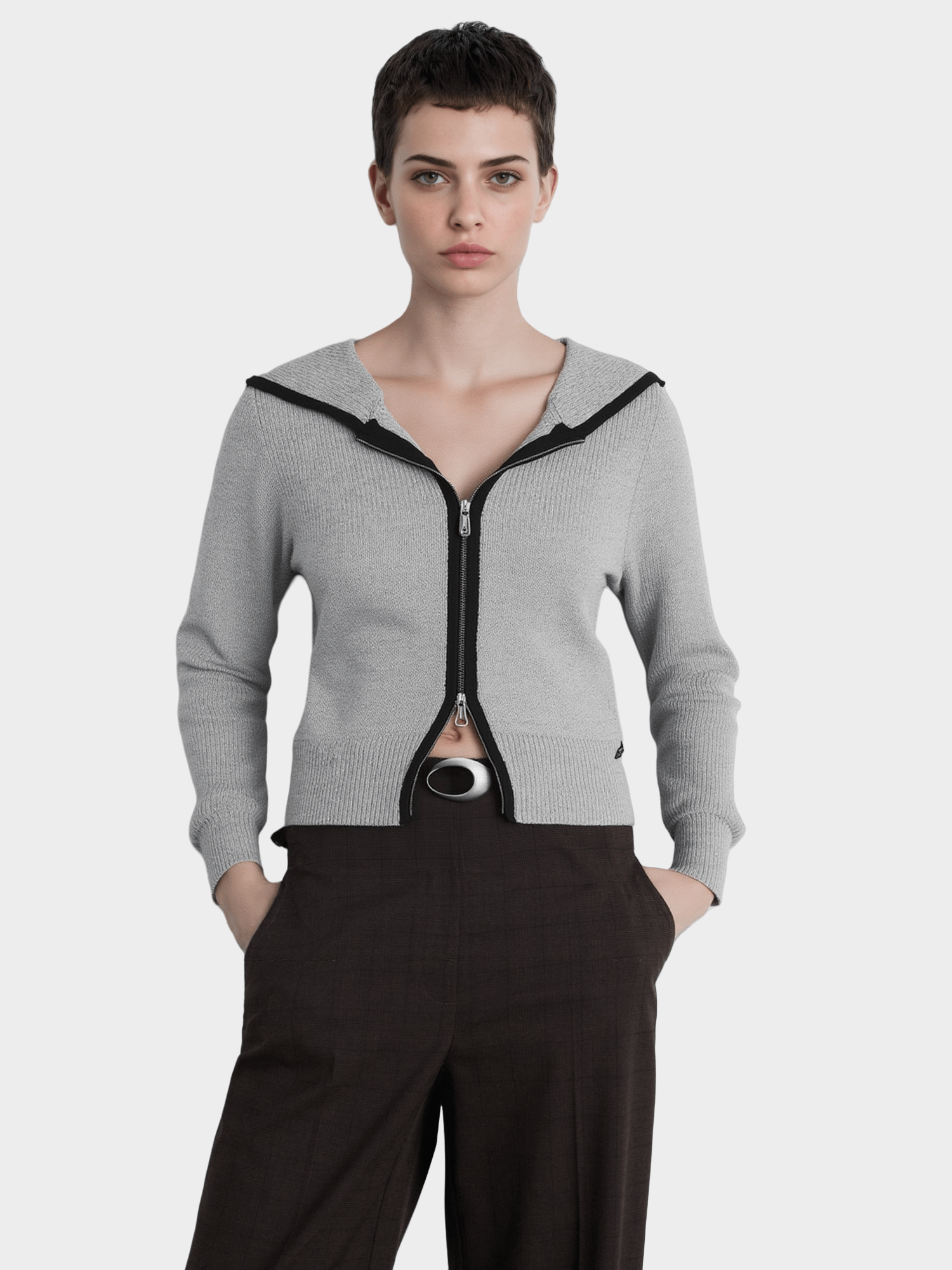 Grey Contrast - Trim Zip - Up Cardigan