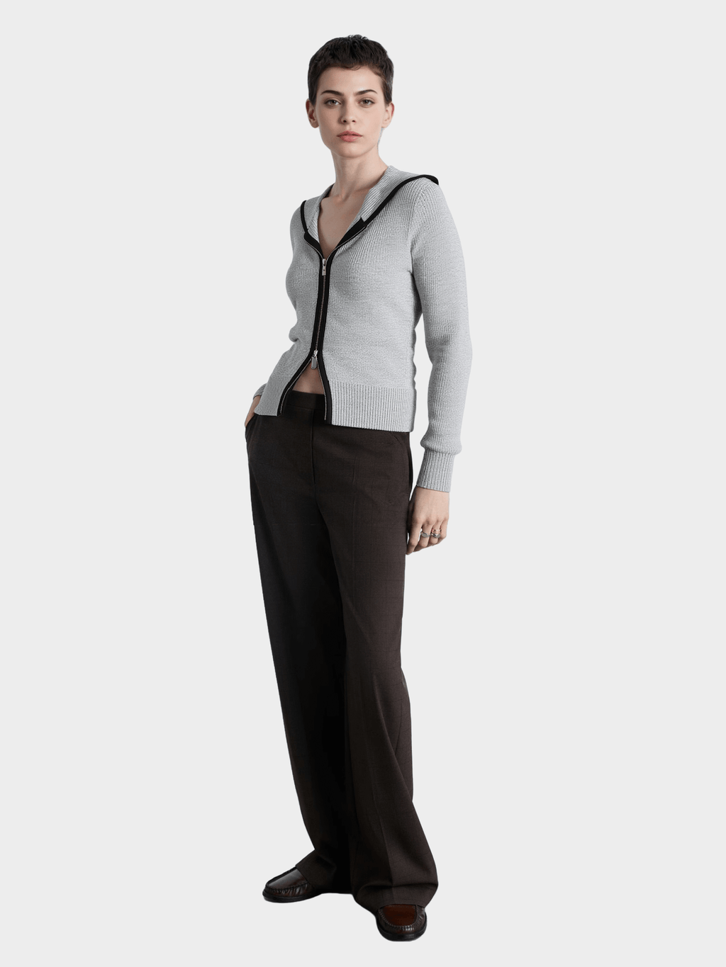 Grey Contrast - Trim Zip - Up Cardigan