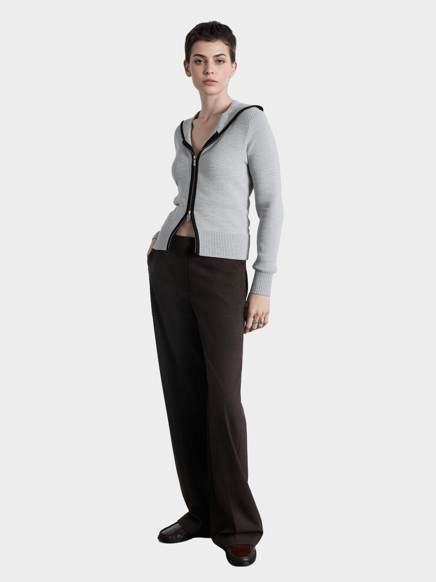 Grey Contrast - Trim Zip - Up Cardigan