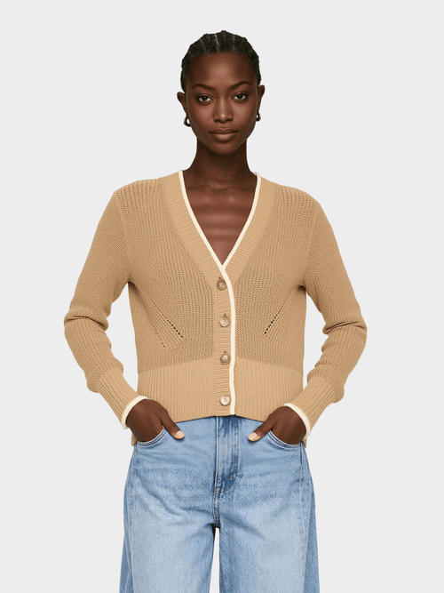 Beige Contrast - Trim V - Neck Cardigan