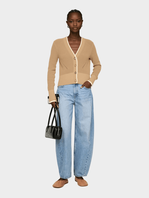 Beige Contrast - Trim V - Neck Cardigan