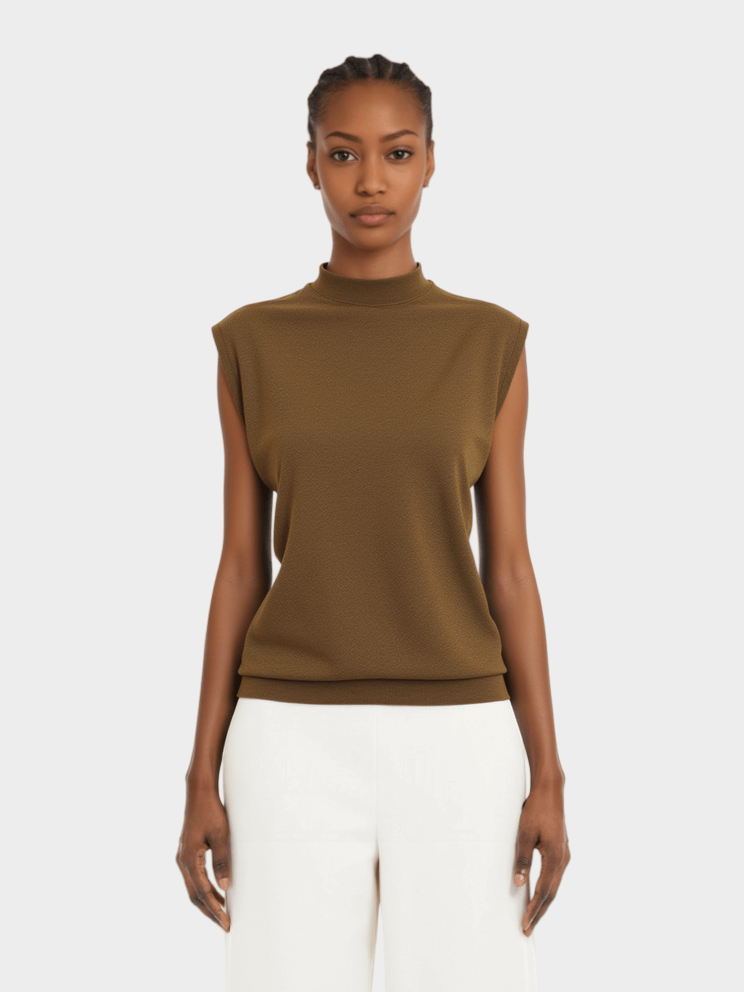 Brown Mock Neck Sleeveless Top