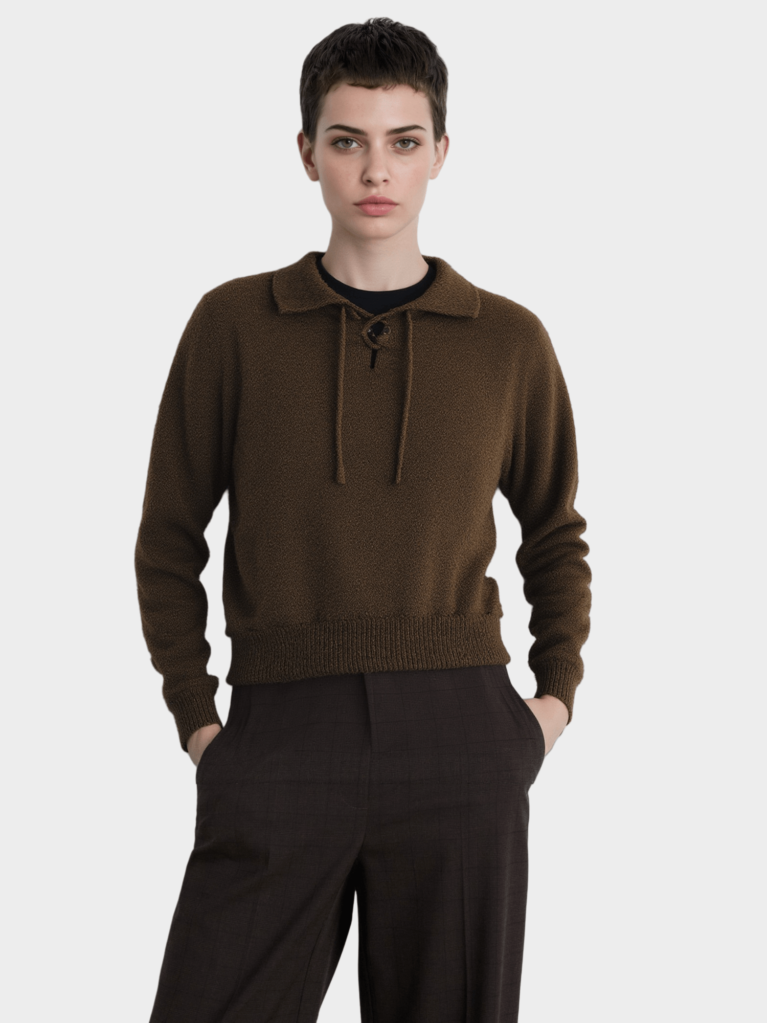 Brown Polo - Neck Knit Sweater with Drawstring