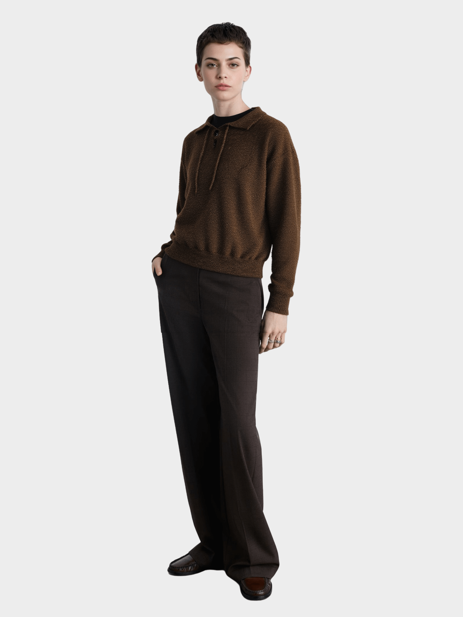 Brown Polo - Neck Knit Sweater with Drawstring