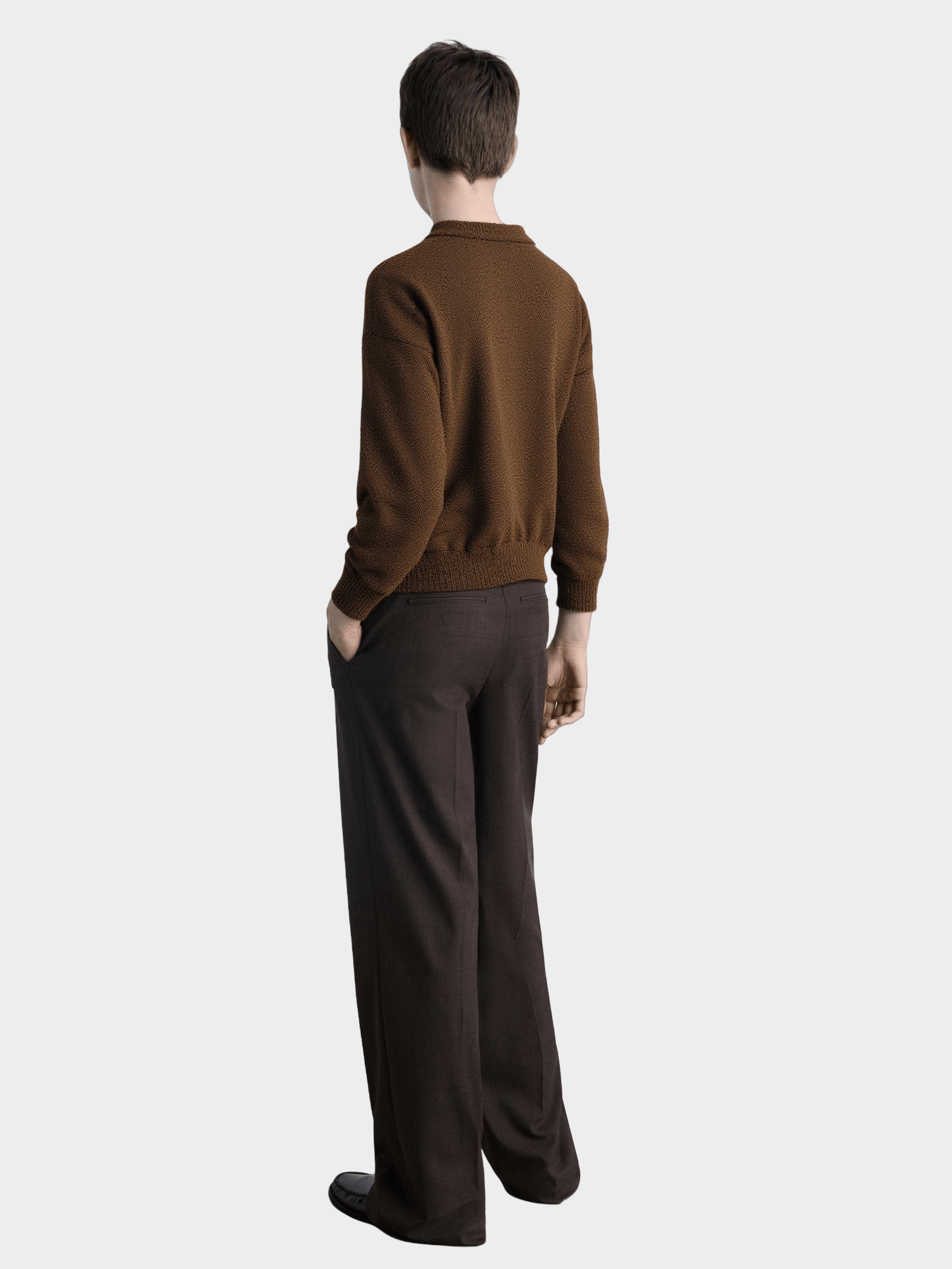 Brown Polo - Neck Knit Sweater with Drawstring