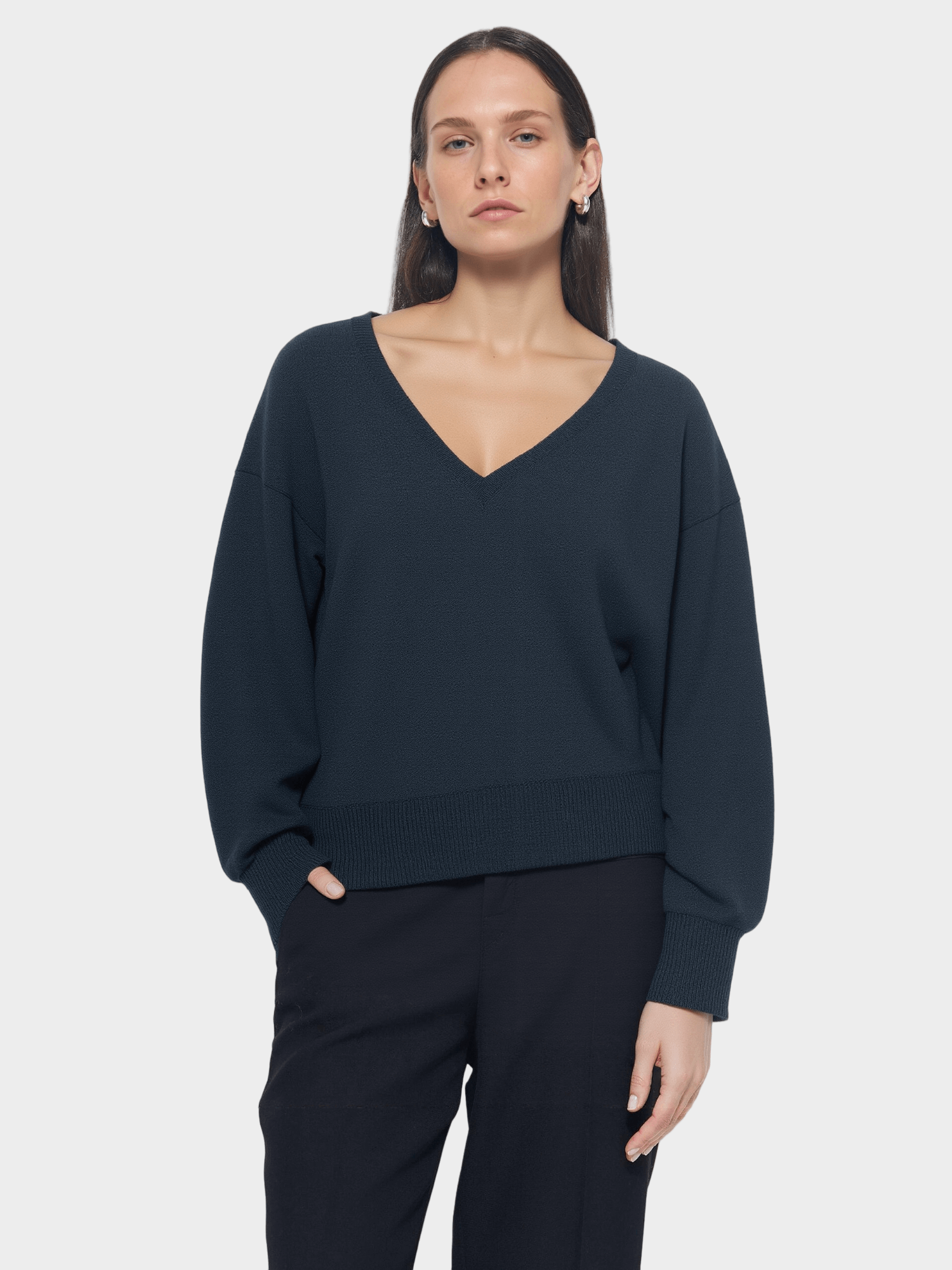 Navy Blue V - Neck Oversized Sweater