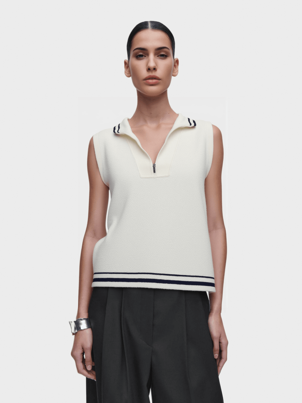 White Contrast - Trim Zip - Up Vest