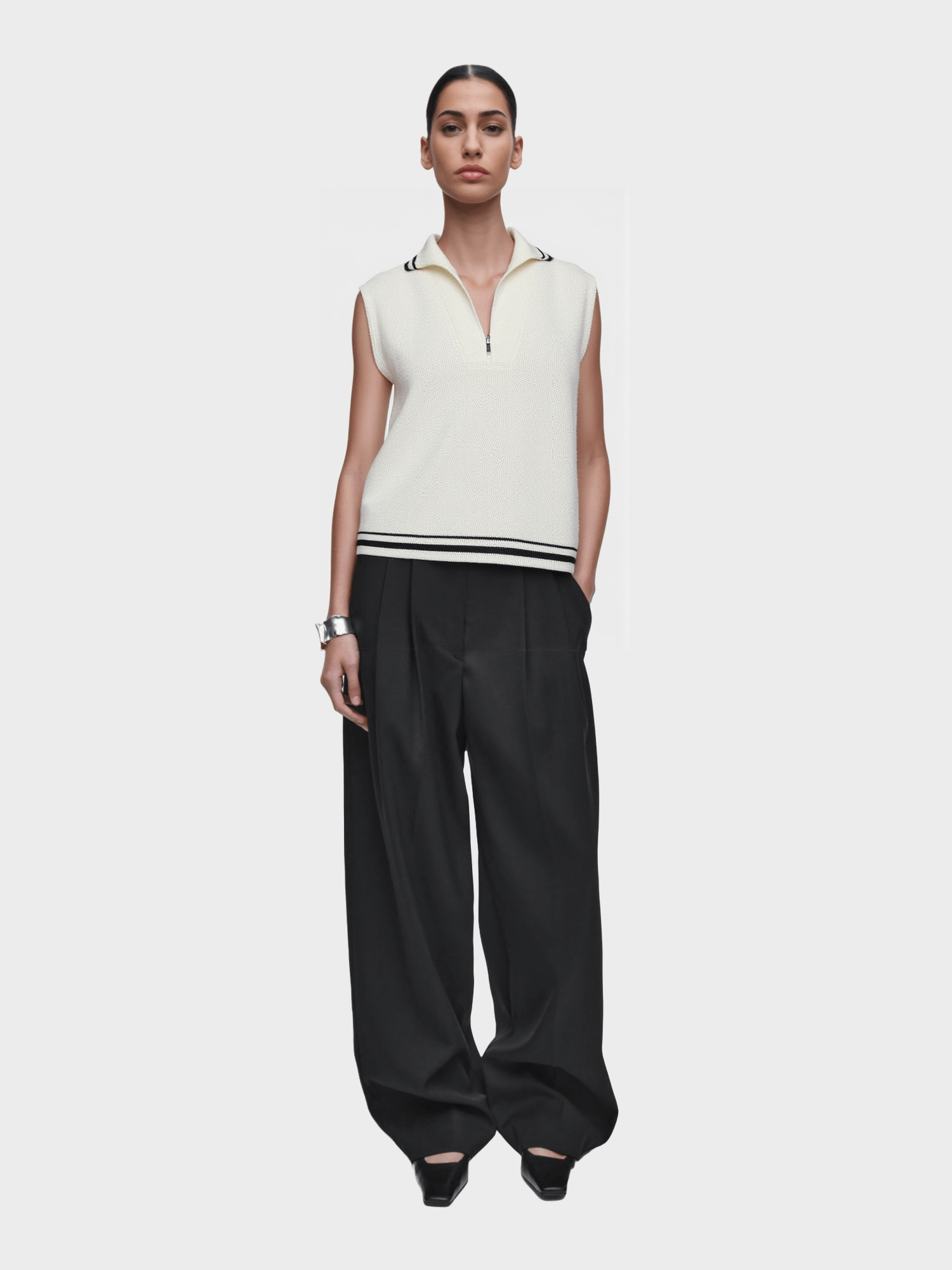 White Contrast - Trim Zip - Up Vest