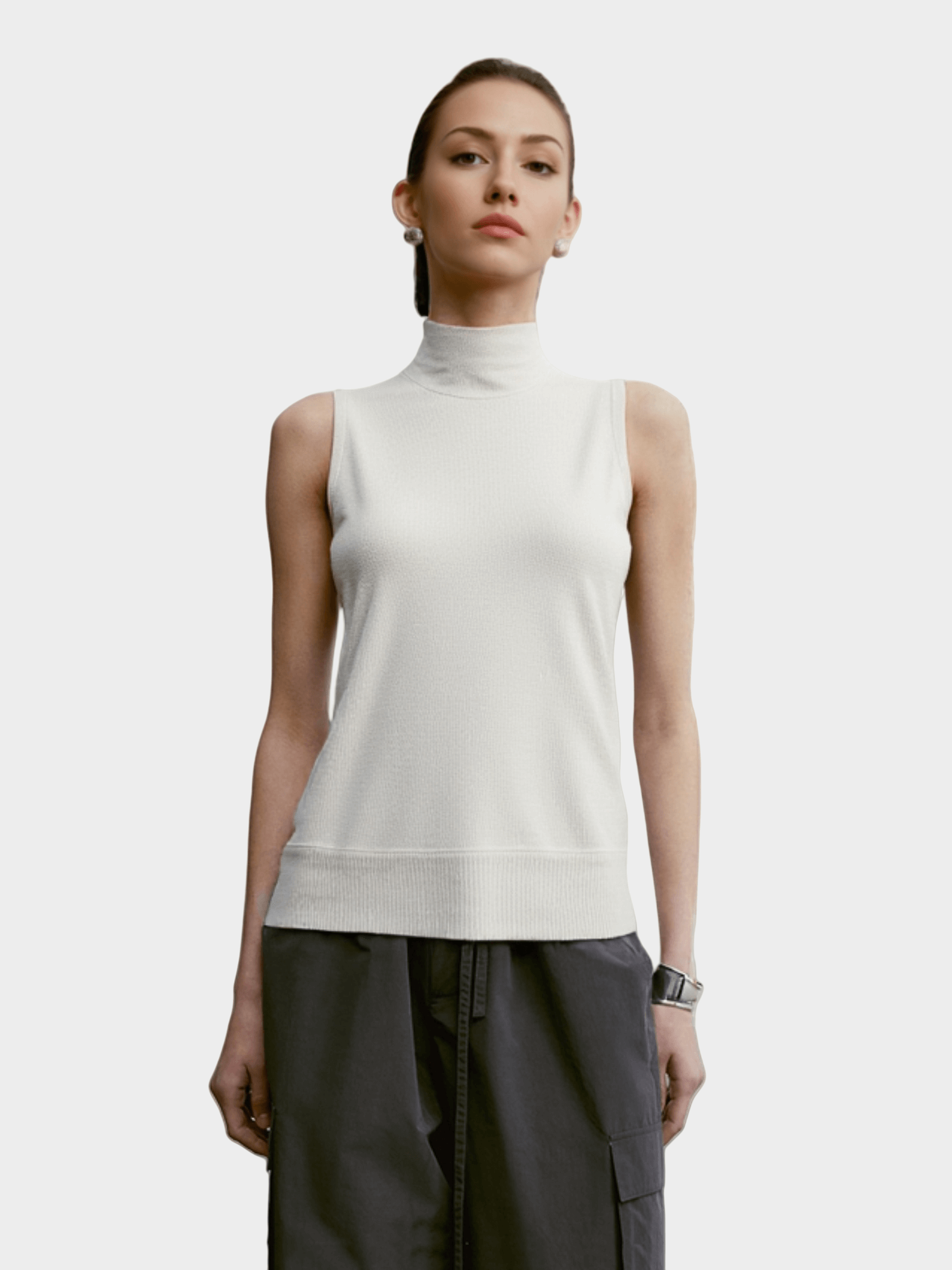 White Mock Neck Sleeveless Knit Top