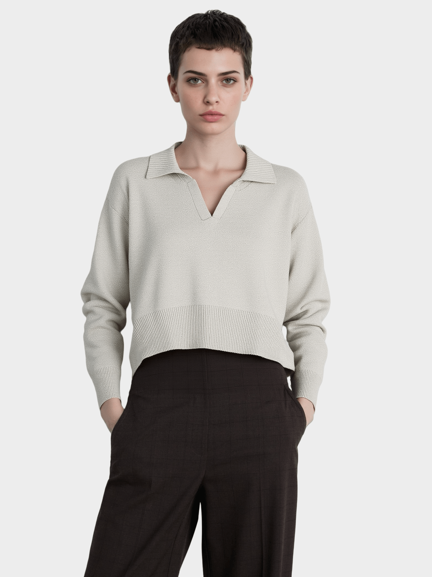 Light Grey Polo - Neck Knit Sweater