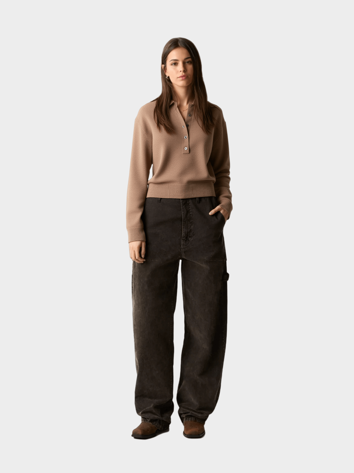 Beige Polo - Neck Knit Sweater