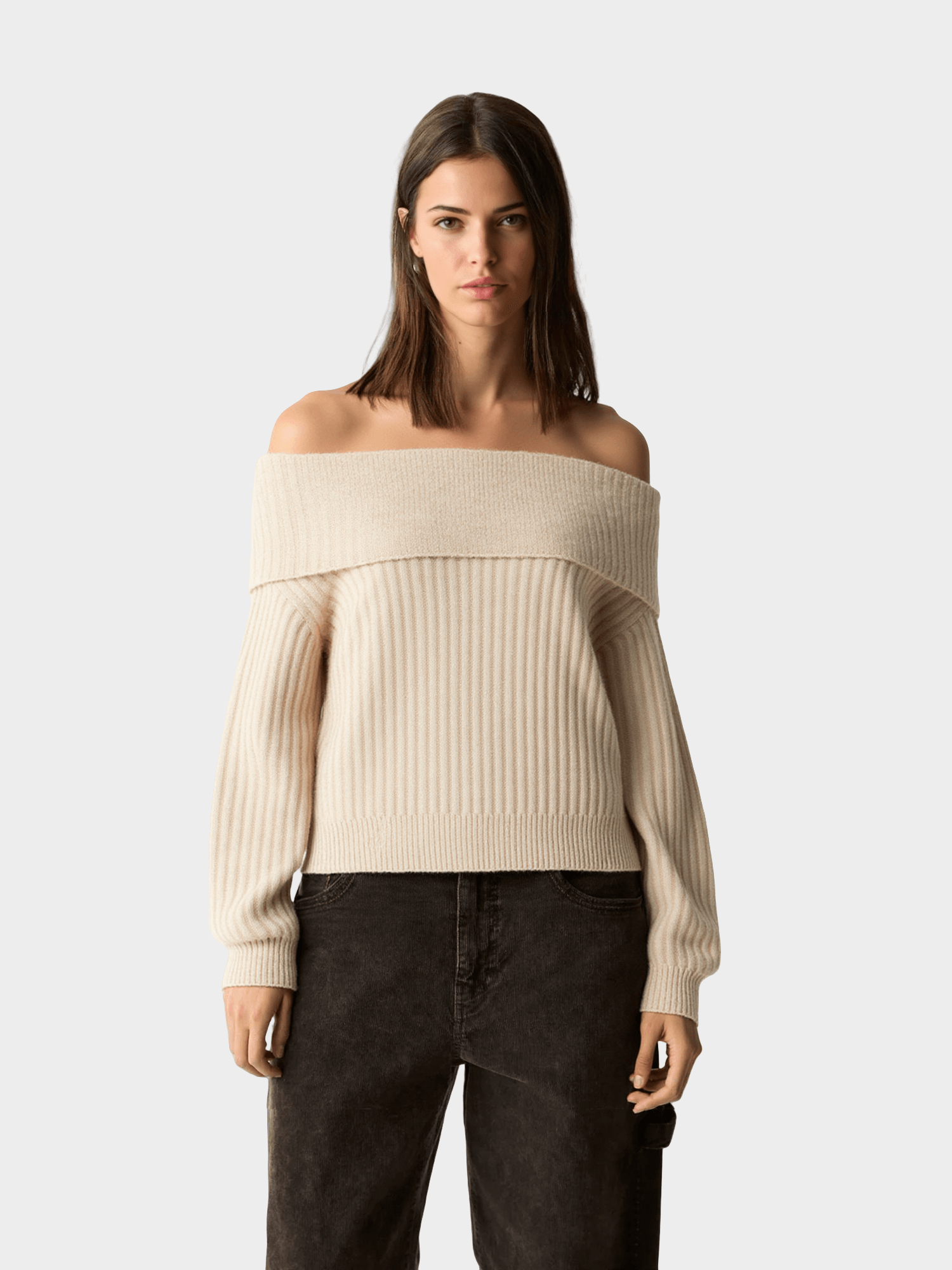 Beige Off - Shoulder Ribbed Knit Sweater