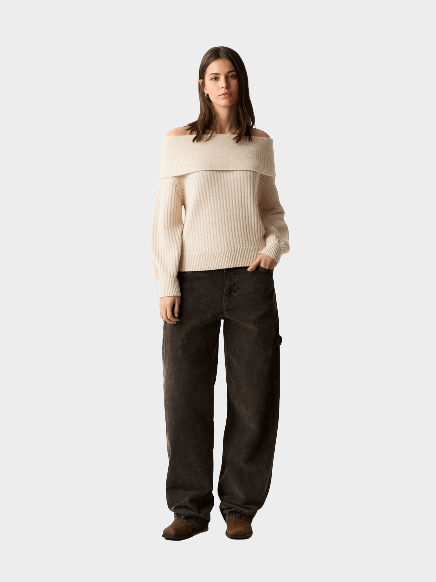 Beige Off - Shoulder Ribbed Knit Sweater