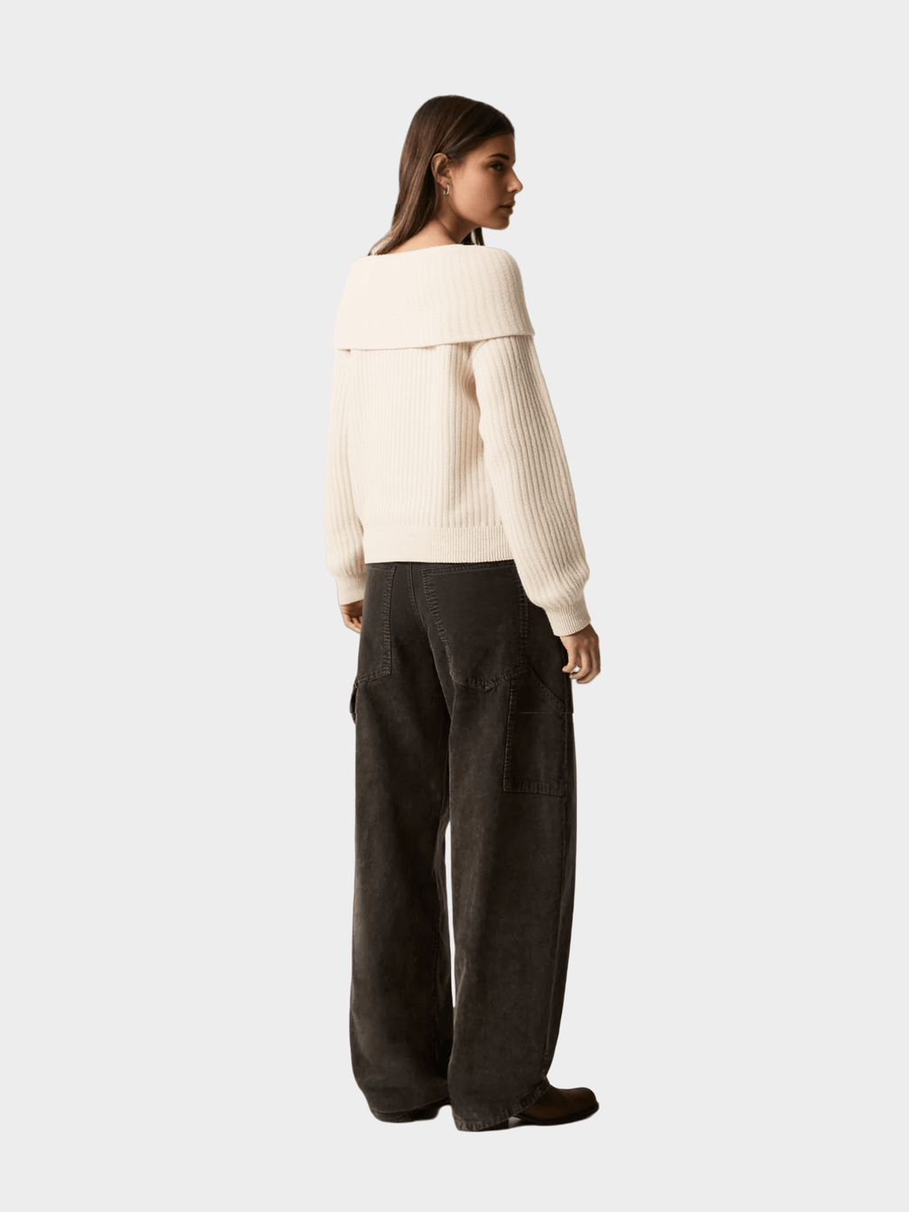 Beige Off - Shoulder Ribbed Knit Sweater