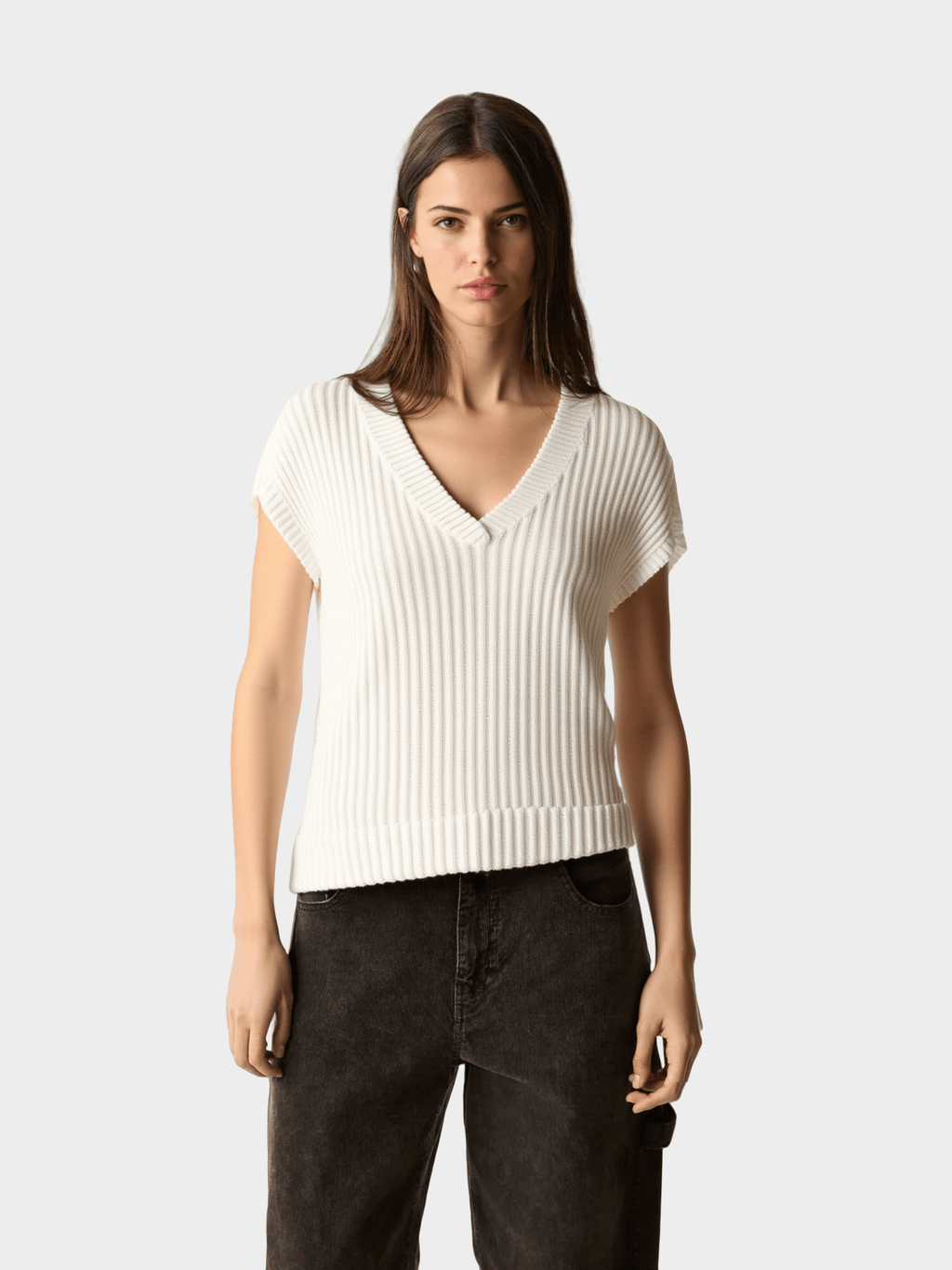 White Ribbed V - Neck Knit Top