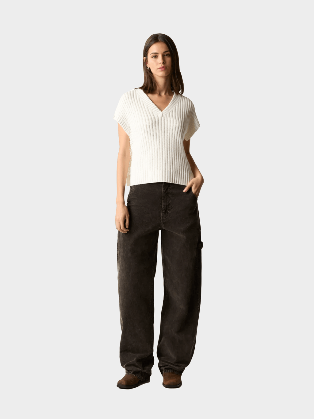White Ribbed V - Neck Knit Top