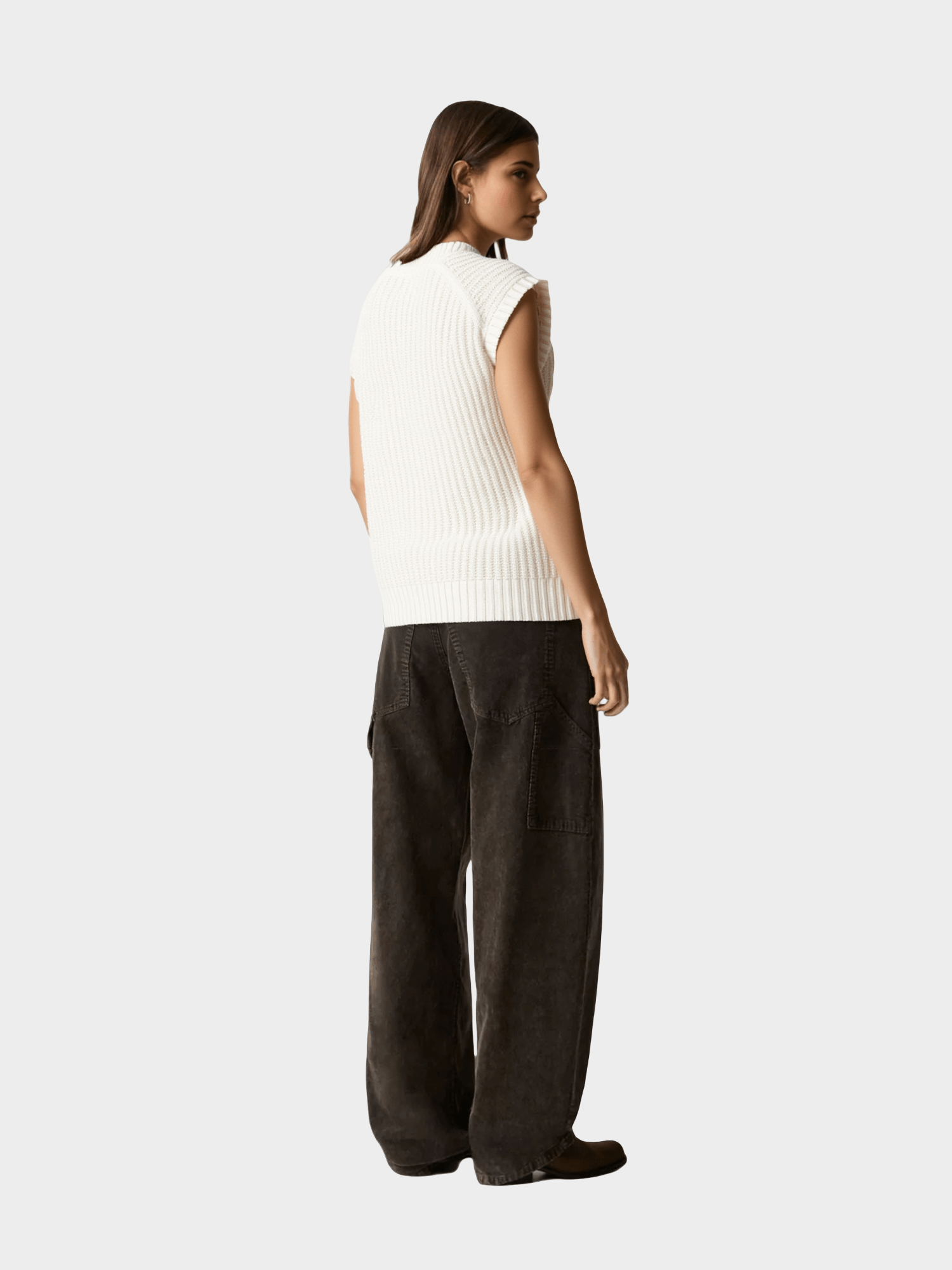 White Ribbed V - Neck Knit Top